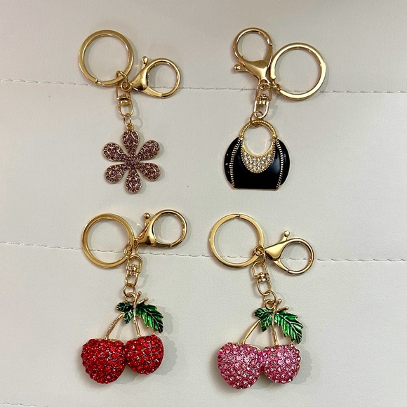 Set of 4 keychain/bag charm bundle pink and red cherries (2) , handbag & flower - Picture 1 of 7